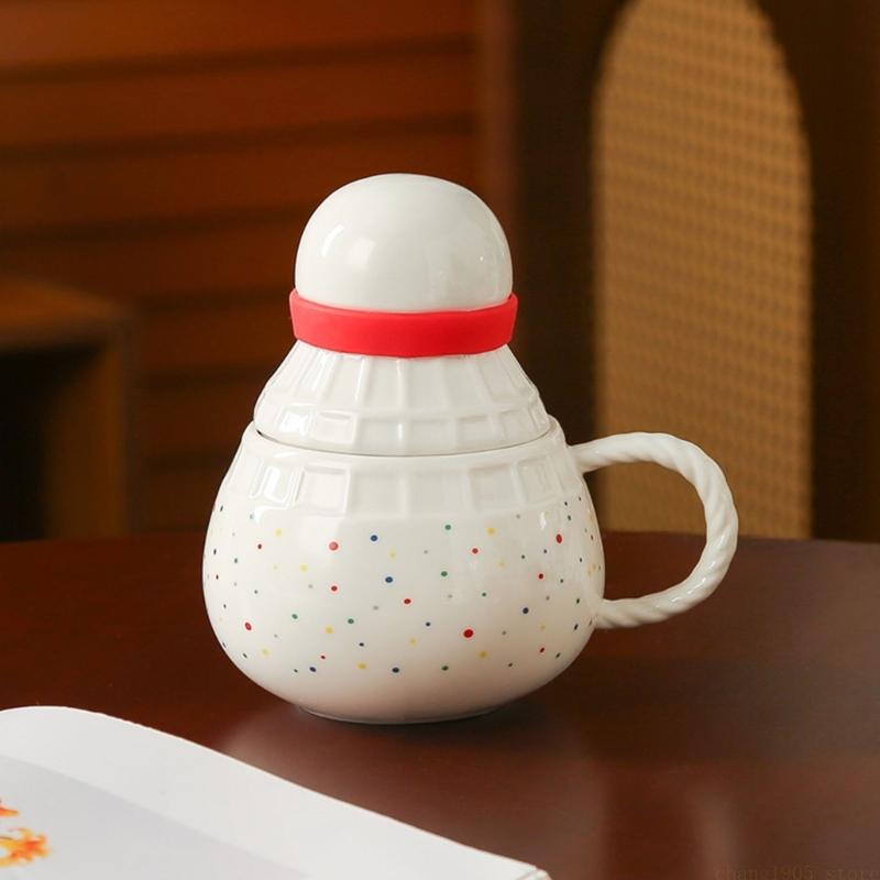 Badminton Cup - QX2E エレガントなバドミントンをテーマにしたセラミックマグ 370ml 大型カップ、快適なハンドル付き、家庭やオフィス用