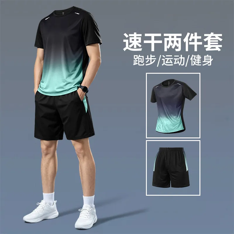 Badminton Emoji - フィットネスセットメンズ夏ランニング速乾性シャツ半袖新スタイルプロスポーツバドミントントレーニングスーツショーツ