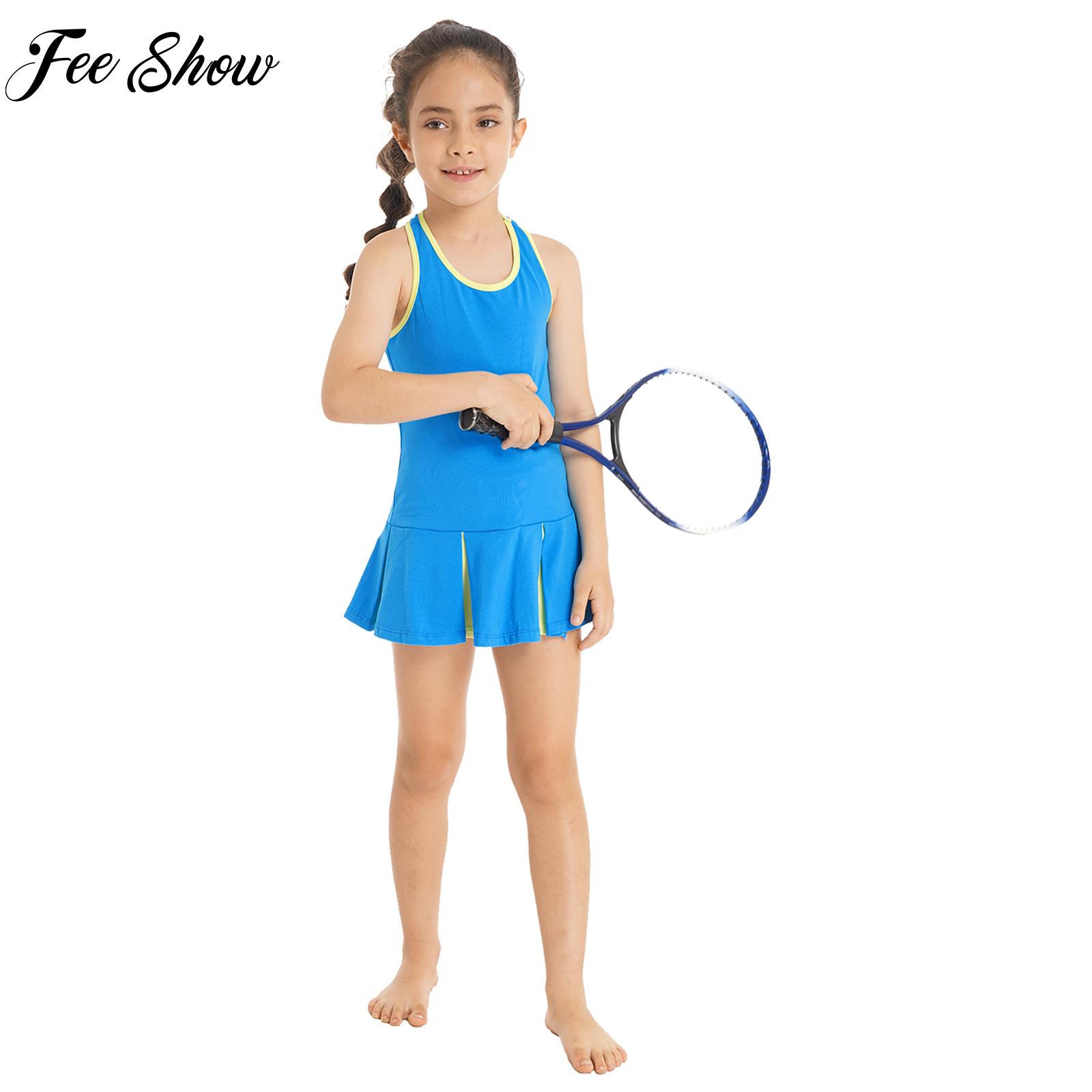 Badminton Kids - 子供用ノースリーブオープンアッパーバックスポーツセット、テニスとバドミントンスポーツウェア、ジムエクササイズ用ショートドレス、女の子用ランニングドレス、2個