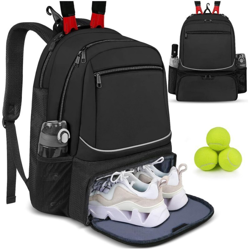 Badminton Match - 大容量テニスバックパックスポーツラケットパックは1〜2本のテニスラケットを収納可能アウトドアバドミントンバッグシューズポケット付きブラックピンク