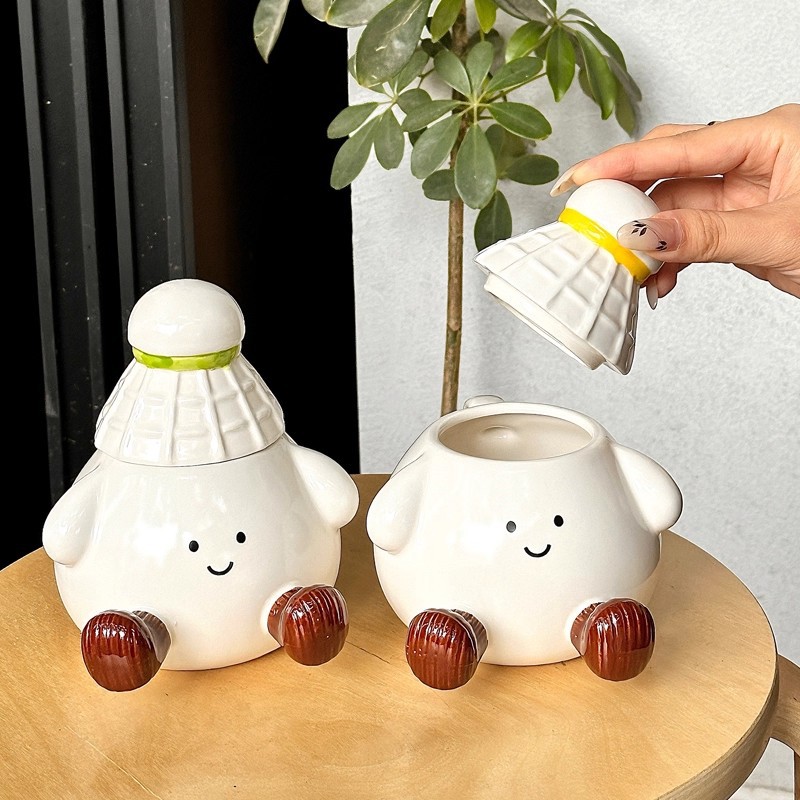 かわいいバドミントン柄の蓋付き水筒、セラミックマグカップ、下 - Badminton Cup のレビューと価格